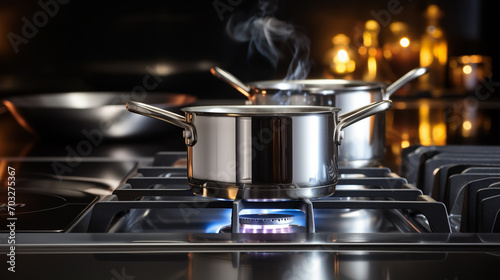 pot on gas stove, stainless pan on the hob, cooking on a gas stove, the cost of gas in Europe