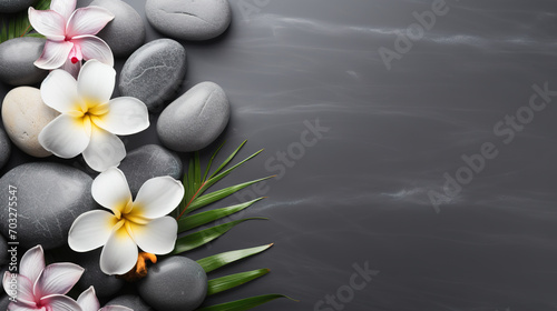 Spa stones and frangipani flowers on dark background.
