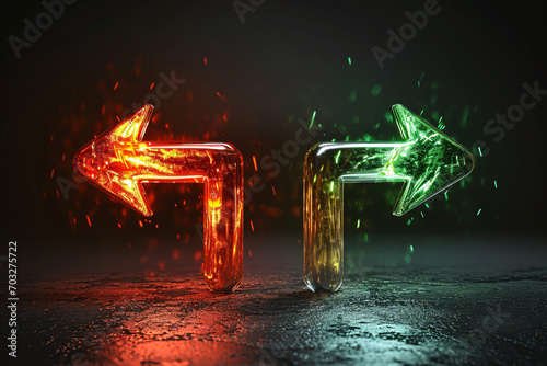 Red and green glowing arrows opposing each other on a dark background