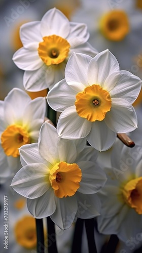 A bunch of white and yellow flowers in a field. White and orange spring daffodil flowers  springtime digital wallpaper.