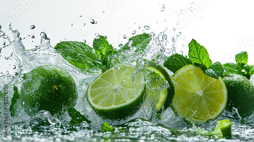 Mojito cocktail with lime, mint and ice on white background