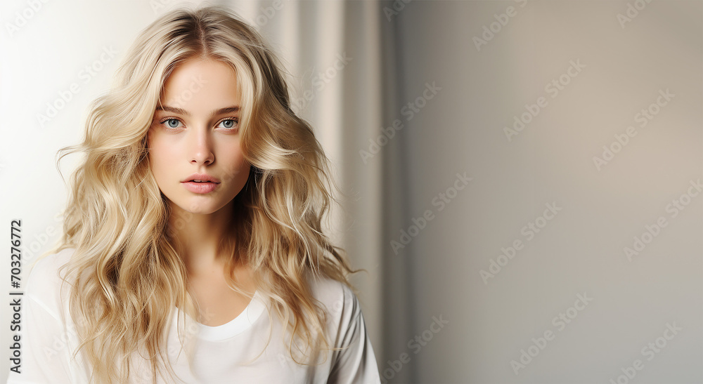 Fototapeta premium Young blonde women in white t-shirt at gray background