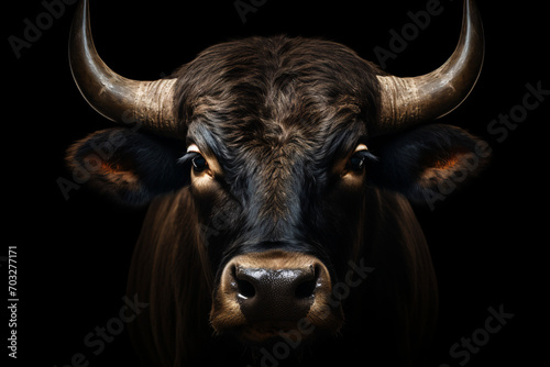 Close-up of a black bull with horns against a dark background