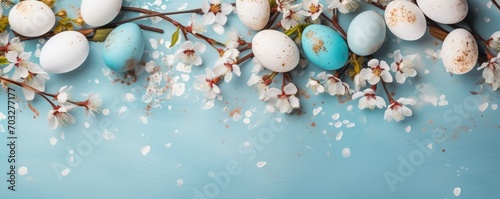 Frame with white and blue speckled easter eggs and cherry blossoms on light blue background. Happy Easter concept. Simple spring template, greeting card, banner. Top view, flat lay with copy space photo