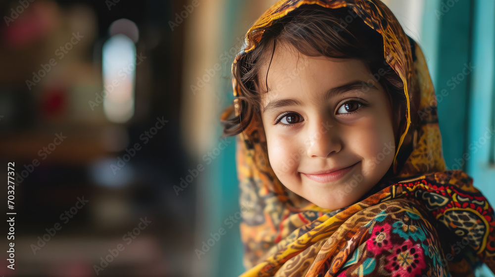 Portrait of a smiling Islamic girl enjoying wearing new yellow holiday headscarf. Ramadan, eid, child happy girl in new clothes.