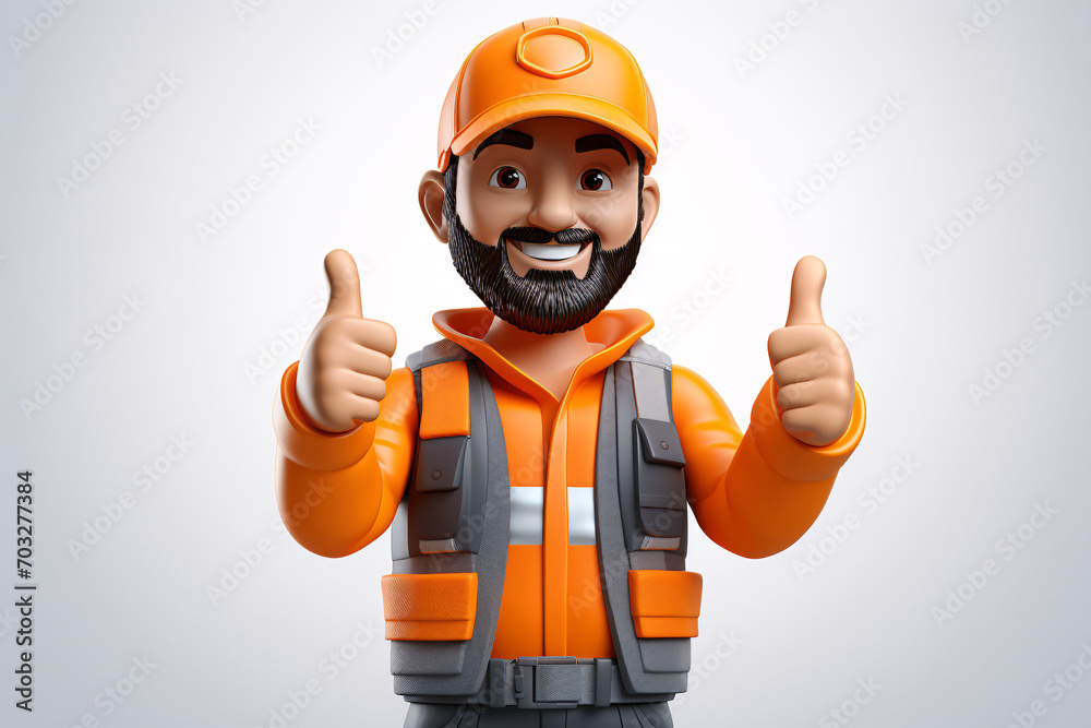 Fototapeta premium 3D illustration of happy worker in orange safety gear showing thumbs up with both hands