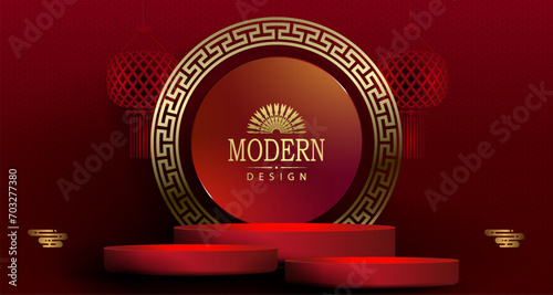 Chinese New Year. Red texture illustration with a stage and a round isolated frame with a pattern.