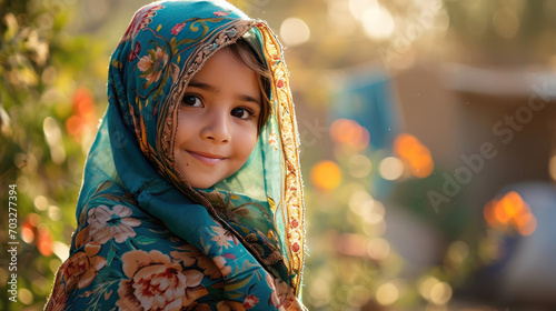 Portrait of a smiling Islamic girl enjoying wearing new blue holiday headscarf. Ramadan, eid, child happy girl in new clothes.