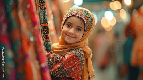 Portrait of a smiling Islamic girl enjoying wearing new holiday headscarf. Ramadan, eid, child happy girl in new clothes.