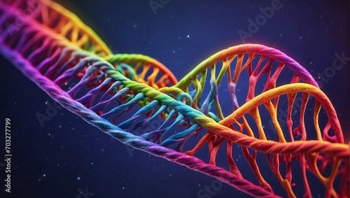 Illustration of a colorful DNA double helix structure on a dark background.