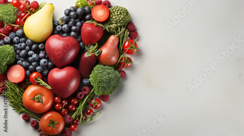 heart shape by various vegetables and fruits on white stone background