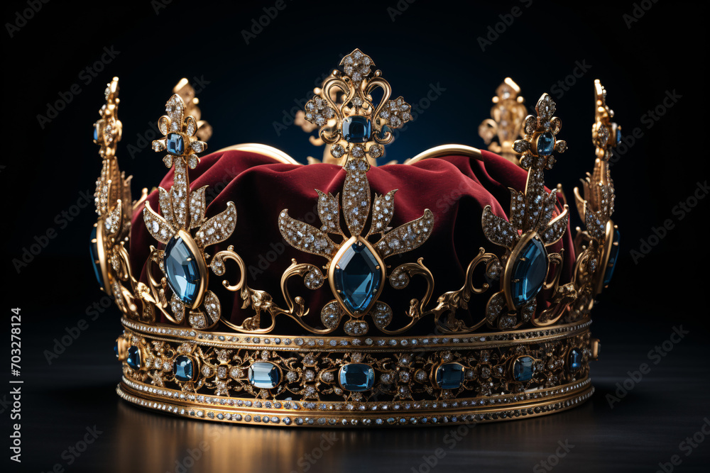 Opulent golden crown with red velvet and gemstones on black