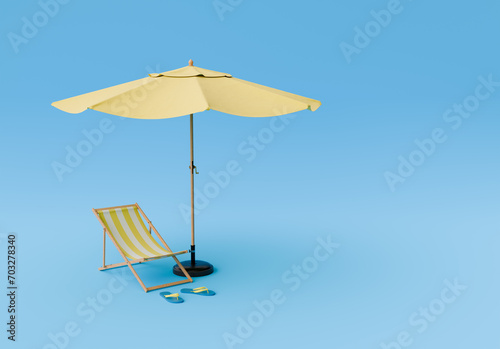 3d rendering of a yellow-striped beach chair and a large umbrella with a pair of flip-flops on a blue studio background. Concept of a leisurely time at the beach.