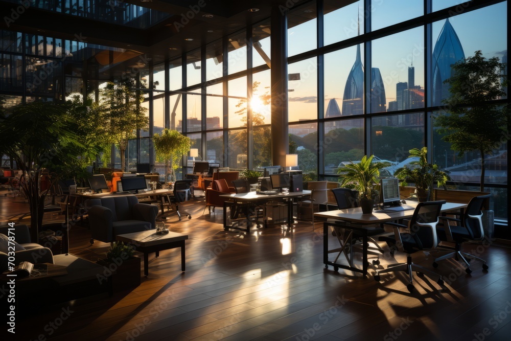 Naklejka premium Corporate office floor with a view through glass walls of employees at work, Generative AI
