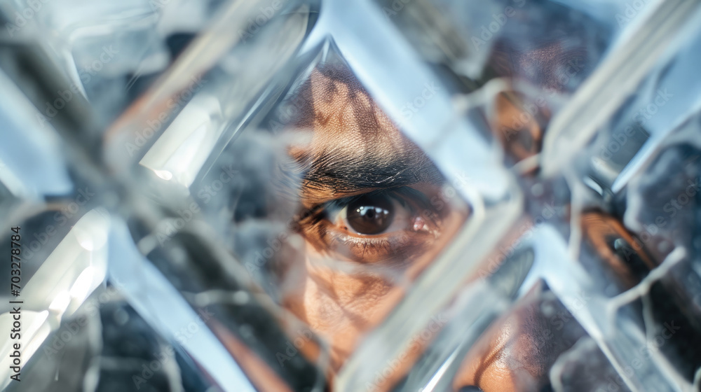 A man looks through broken glass, close-up.