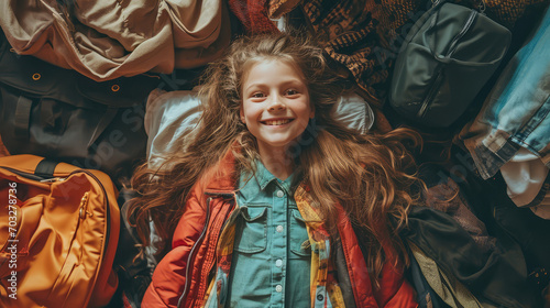 Top view of a young smiling girl in jacket lying surrounded by luggage bags and clothes stacked in stacks. Time to pack, vacation, tourism and travel.