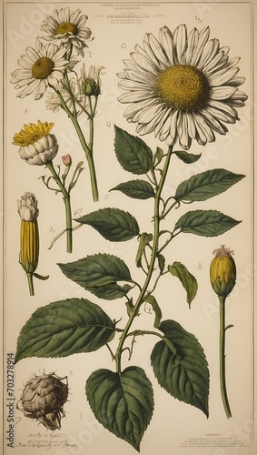 old biological poster of plants chamomilla