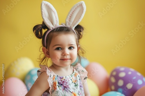 Cute little toddler girl with bunny ears on a pastel yellow background for Easter