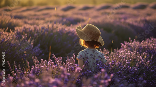 A little girl in a sundress with a straw hat walks through a lavender field. Back view.
