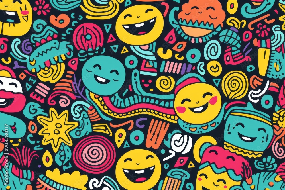 Naklejka premium Radiate positivity with a lively and entertaining colorful line doodle seamless pattern background, featuring, Generative AI 