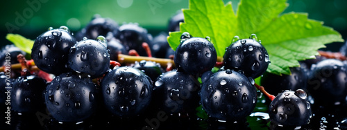 There are a lot of wet blackcurrant fruits. Selective focus. photo