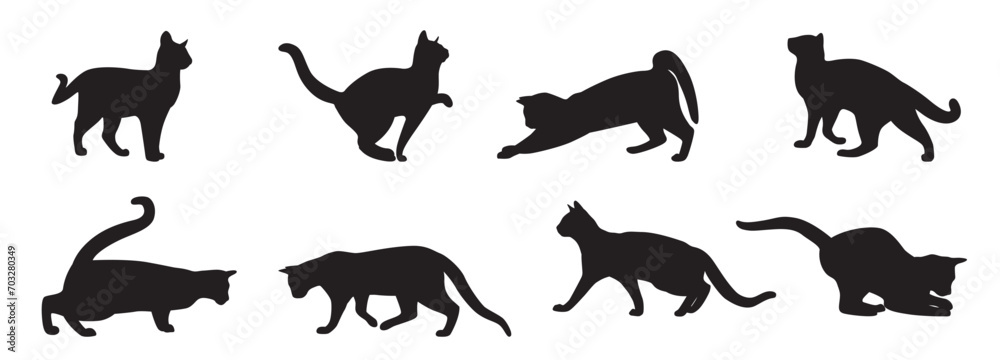 Cat silhouette collection. Set of black cat silhouette. Kitten silhouette collection. Cat silhouette set vector illustration - obrazy, fototapety, plakaty 