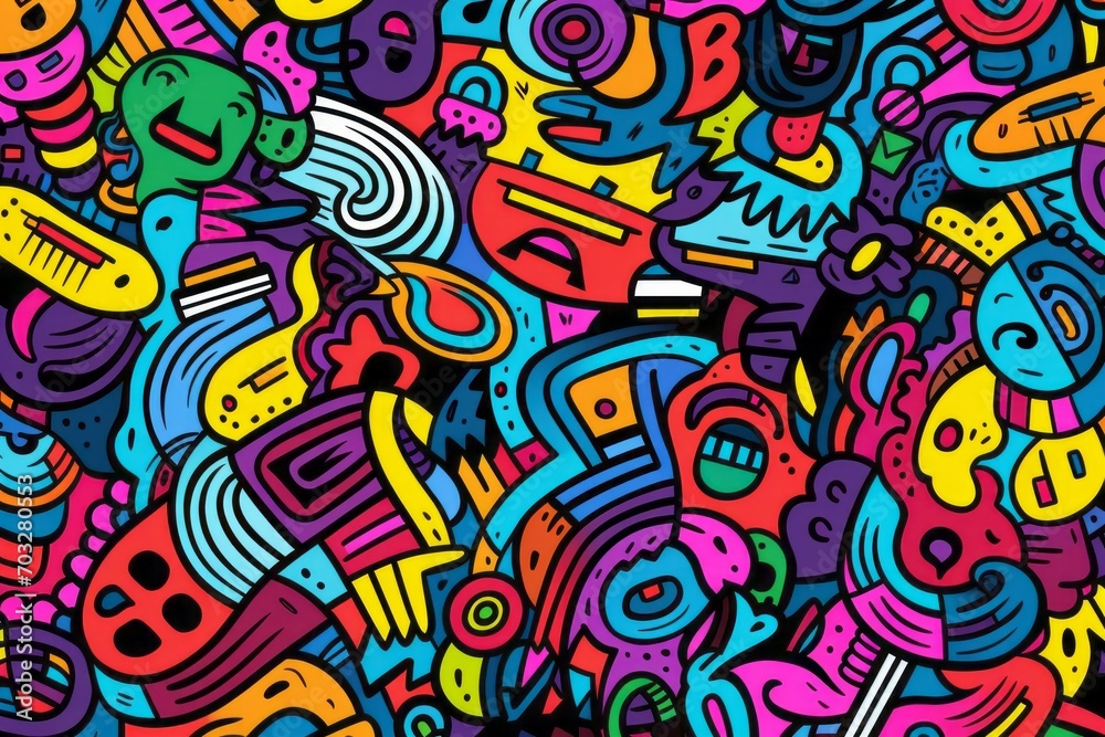 Transform your space into a canvas of imagination with a lively and colorful line doodle seamless pattern background, Generative AI