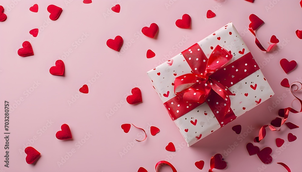 Gift or present box decorated with mixed red hearts for Valentine or Mother day on pastel pink background top view. Flat lay card from homemade decoration Gift or present box decorated with mixed red hearts for Valentine or Mother day on pastel pink background top view. Flat lay card from homemade decoration