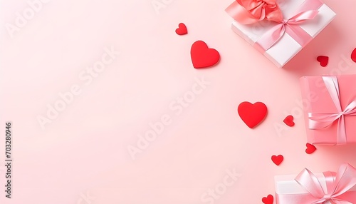 Gift or present box decorated with mixed red hearts for Valentine or Mother day on pastel pink background top view. Flat lay card from homemade decoration © Oleksiy