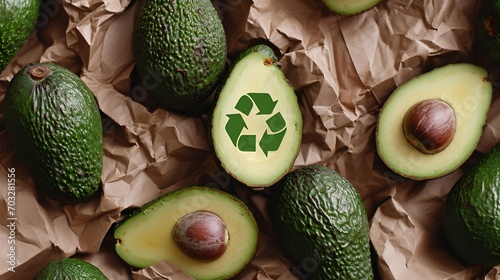 Fresh green avocados featuring a recycle symbol imprint, representing organic food choices and sustainable living. Encourages composting and zero waste after consumption. photo