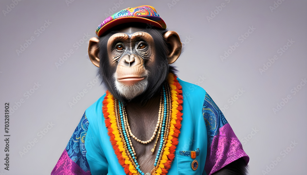 Obraz premium Chimpanzee dressed in hippy clothes. Humanization of animals concept.