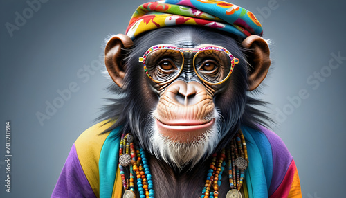 Chimpanzee dressed in hippy clothes. Humanization of animals concept.