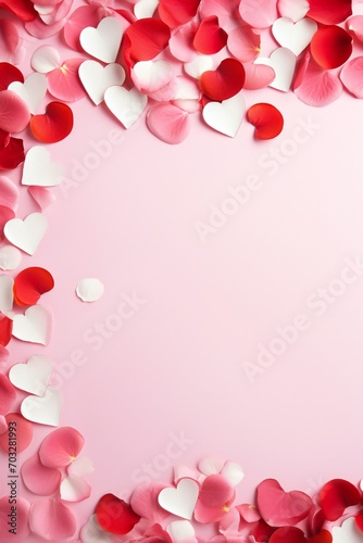Pop, vibrant, Valentine's day background, love, with hearts and rose petals, empty copy space Generative AI