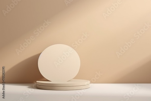 empty, abstract beige background with round podium for cosmetic product presentation. Copy space © Kate