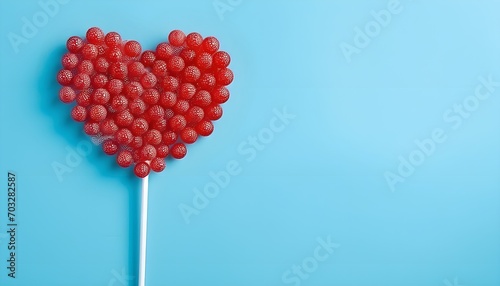 Valentine day concept with broken red lollipop heart on pastel blue background top view. Flat lay greeting card.