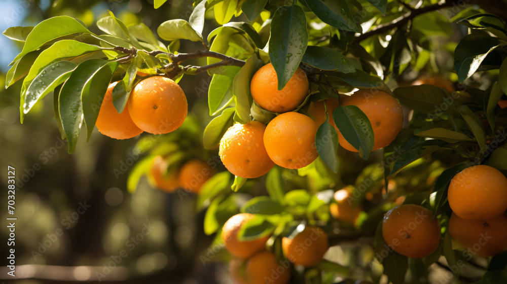Harvest season closeup of oranges on a tree