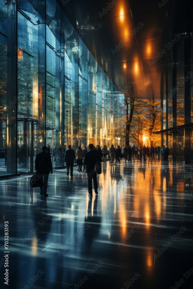 Modern corporate office lobby with people in motion, their figures creating a mesmerizing blur, Generative AI Modern corporate office lobby with people in motion, their figures creating a mesmerizing blur, Generative AI