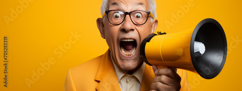 Excited old man making an announcement through megaphone, close to camera photo