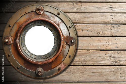 Closeup of a metal porthole of a nautical vessel made of rusty iron  on a wooden boardwalk with sand and copy space. Isolated on white or transparent background  png. Generative Ai.