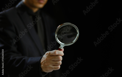 Man use magnifying glass. Businessman search for top sale seo, digital data information. Human Resource Management HRM concept. Inspector find team target. Leadership discover recruitment analysis.