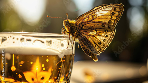 A butterfly sits next to a glass of beer on a blurred background. Close-up photo
