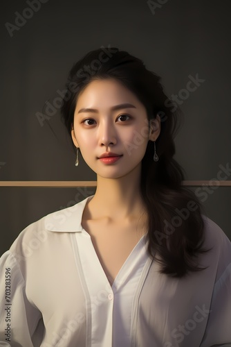 A timeless portrait of a Korean woman in minimal makeup, dressed casually in a stylish yet uncomplicated outfit, glowing within a studio's ambiance.