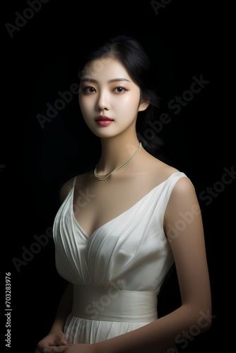 A timeless portrait of a Korean lady in subtle makeup, dressed in an elegant yet simple dress, illuminated by studio lights, emanating sophistication.