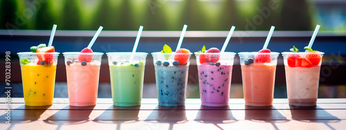 Various smoothies in plastic cups. Selective focus.