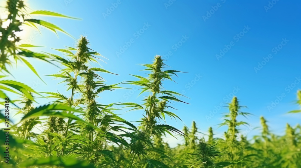 Close up of cannabis sativa plant on a field, sunny day. Industrial medical marijuana concept. Generative AI