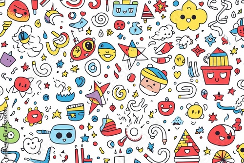 Express your creative spirit with a whimsical and colorful line doodle seamless pattern background, featuring doodles, Generative AI