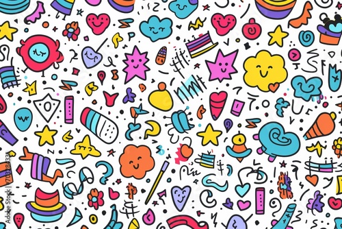 Express your creative spirit with a whimsical and colorful line doodle seamless pattern background, featuring doodles, Generative AI