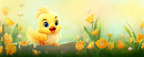 A vector banner of an Easter Chick in a meadow of spring flowers - panned for text