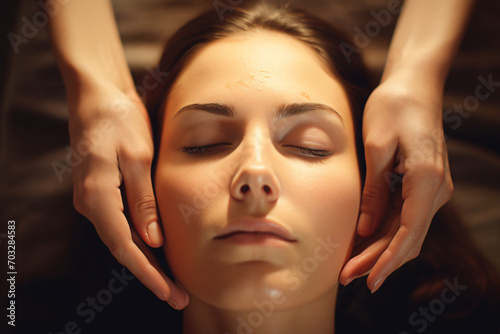 A woman is getting facial massage at a spa beauty salon, in the style of large canvas format, soft-focus, rounded, glossy finish, light gray, striped, subtle