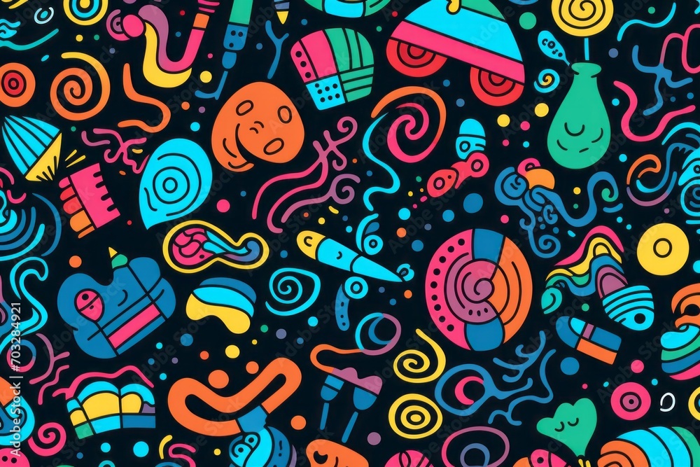  Immerse yourself in a world of imagination with a vibrant and fun colorful line doodle seamless pattern background, Generative AI - obrazy, fototapety, plakaty 